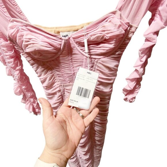 NEW! Self Portrait Pink Power Mesh Long Sleeve Midi Dress Pink - Picture 10 of 11